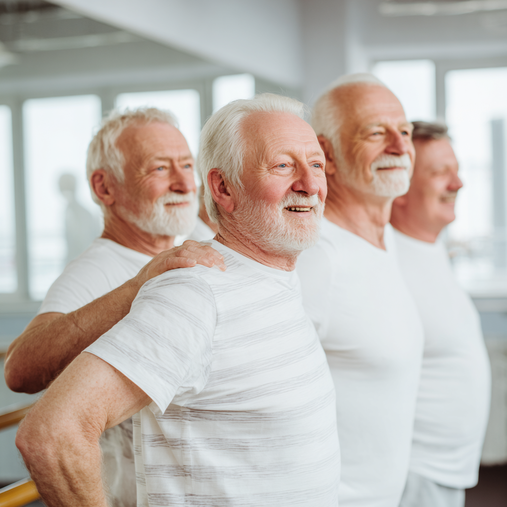 Group of older adults supporting each other during fitness activities