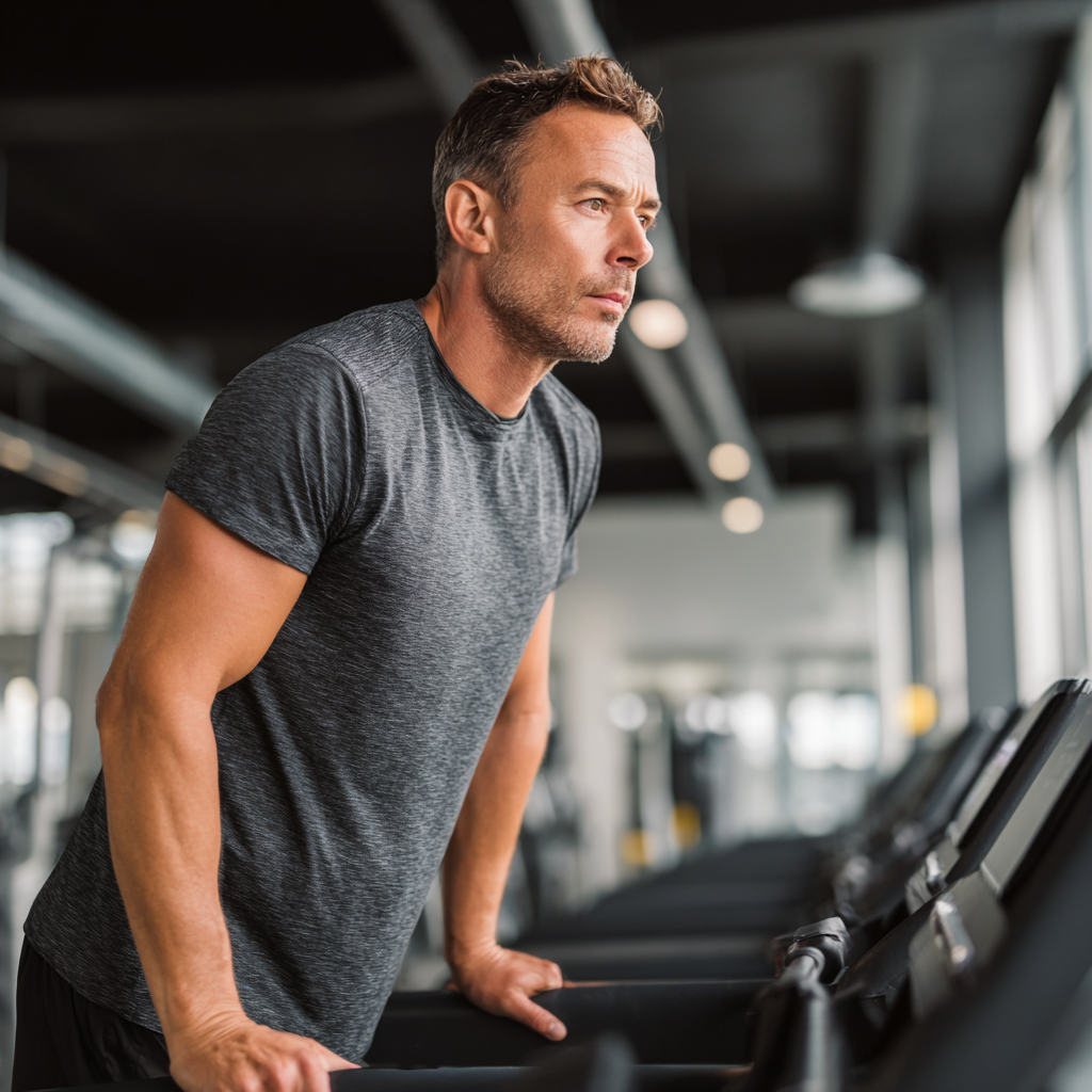 Middle-aged man demonstrating improved posture and strength after training program