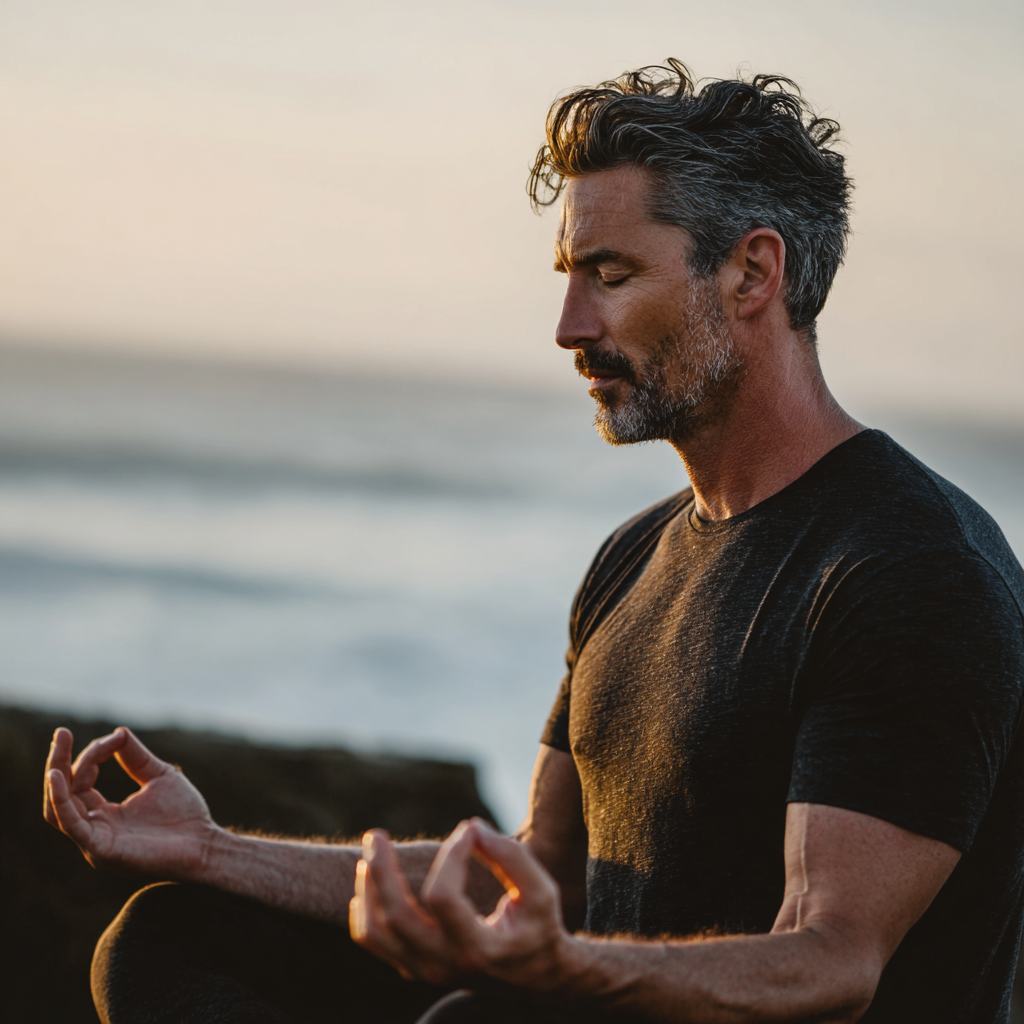 Middle-aged man practicing mindful movement exercises in natural outdoor setting